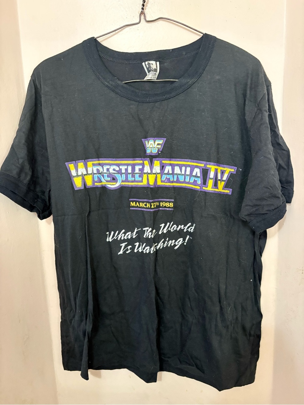 LG Black WWF (WWE) WrestleMania IV Graphic Tee with Purple & Yellow Logo
